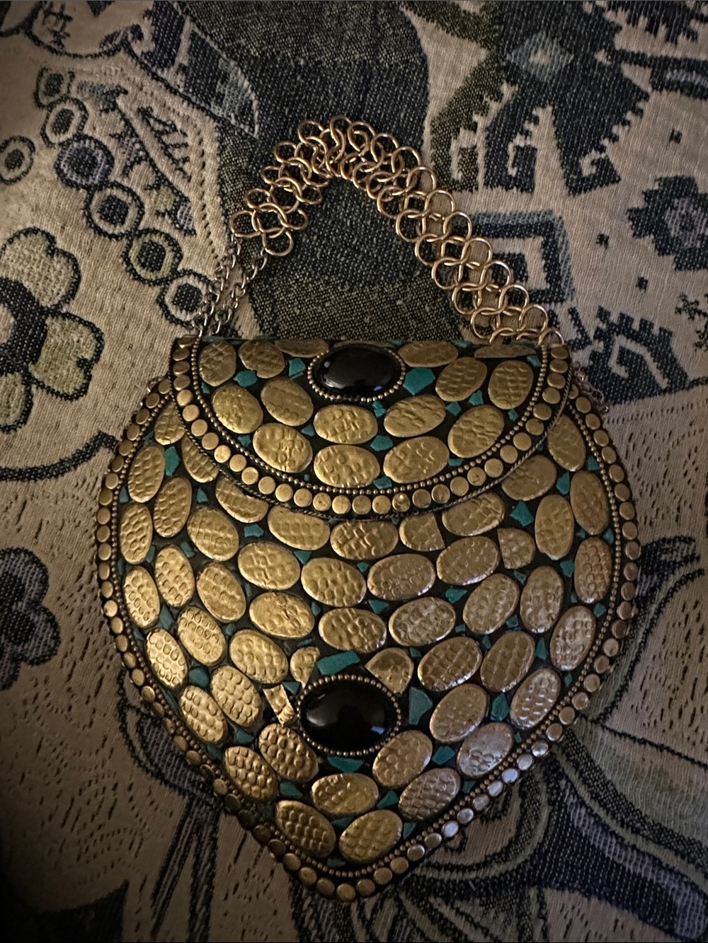 Handcrafted Gold and Turquoise Accent Heart-Shaped Evening Bag